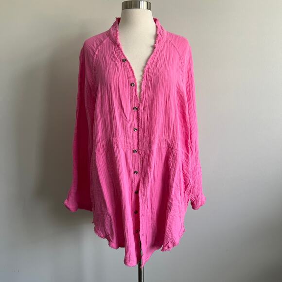 Flawless Tunic Cotton Crinkle Fabric V-Neck Raw Edge Button Up Pink Large NWT - Picture 1 of 9